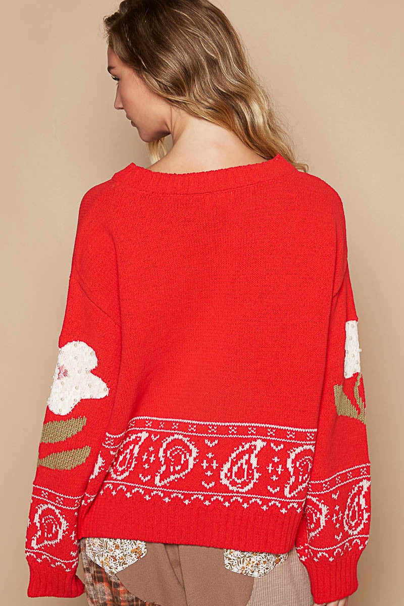 Red Lace Flower Patch Long Sleeve Sweater