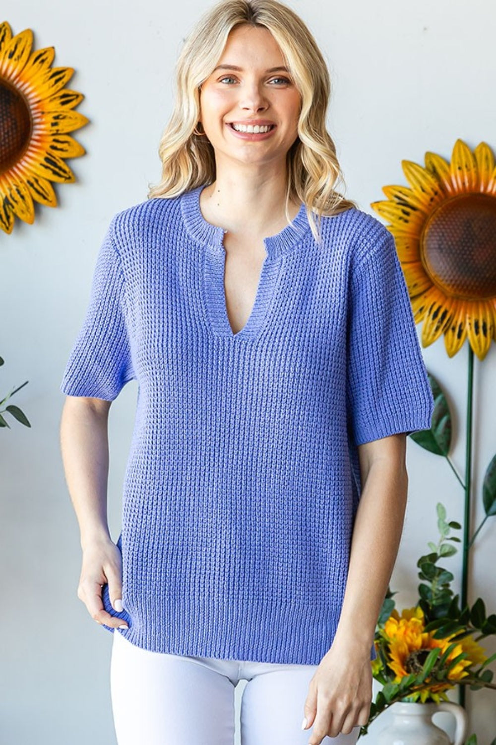 Notched Neck Short Sleeve Knit Top in Periwinkle