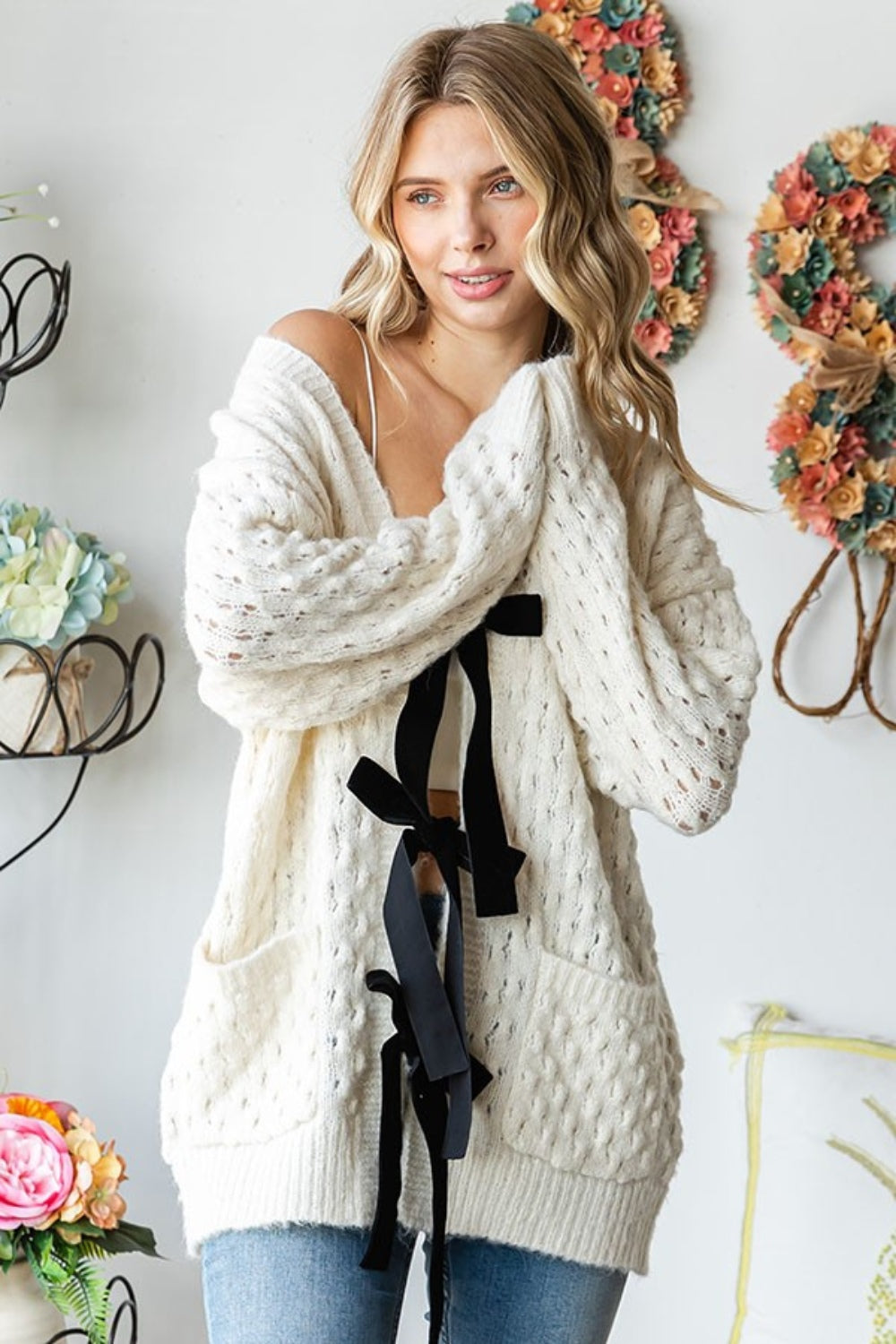 Tie Closure Open Knit Cardigan in Ivory