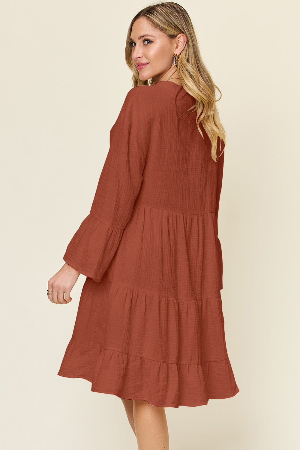 Textured Button Up Ruffle Hem Knee-Length Dress