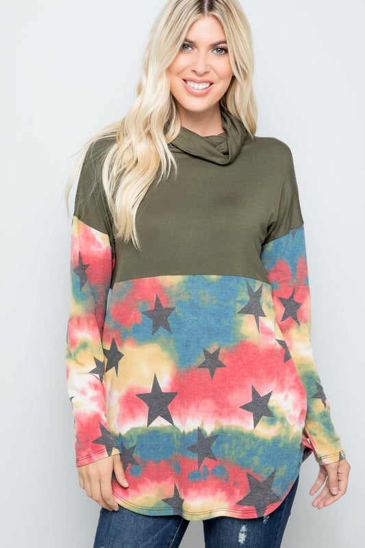 Tie-Dye Star Print Long Sleeve Turtleneck Blouse in Olive