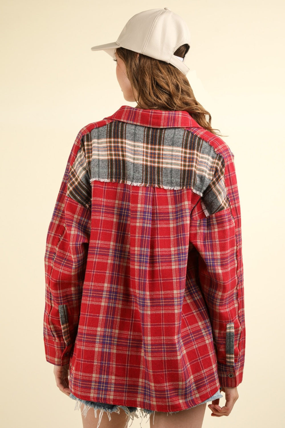 Red Contrast Plaid Raw Seams Shirt