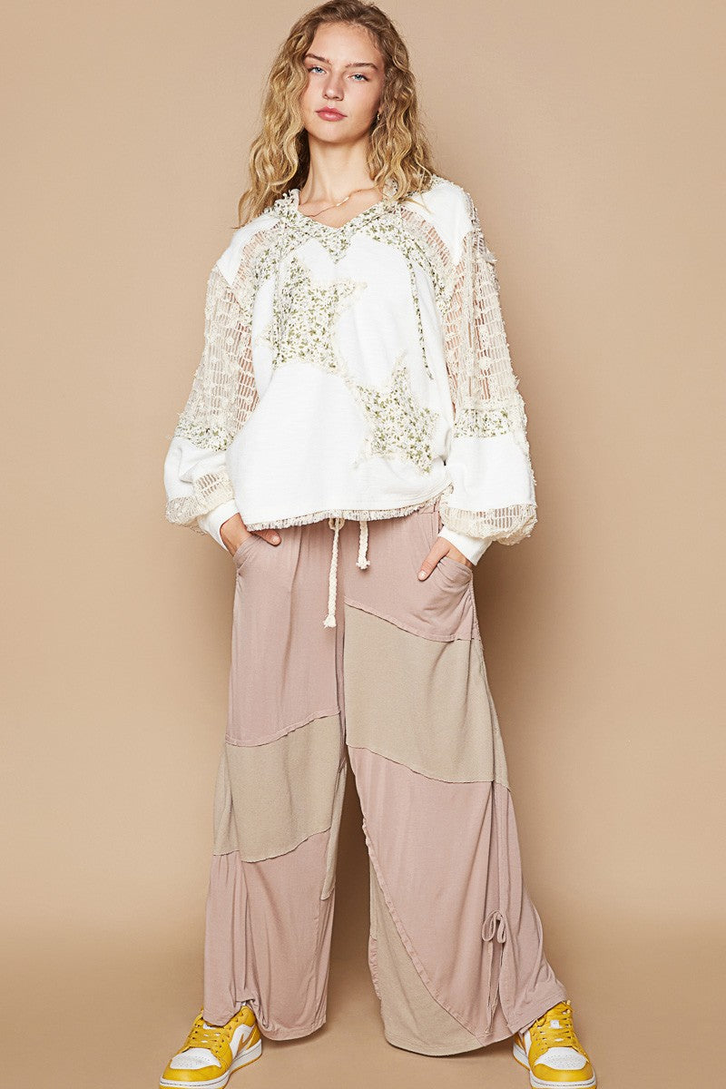 Star Patch Lace Sleeve Hooded Top in Ivory