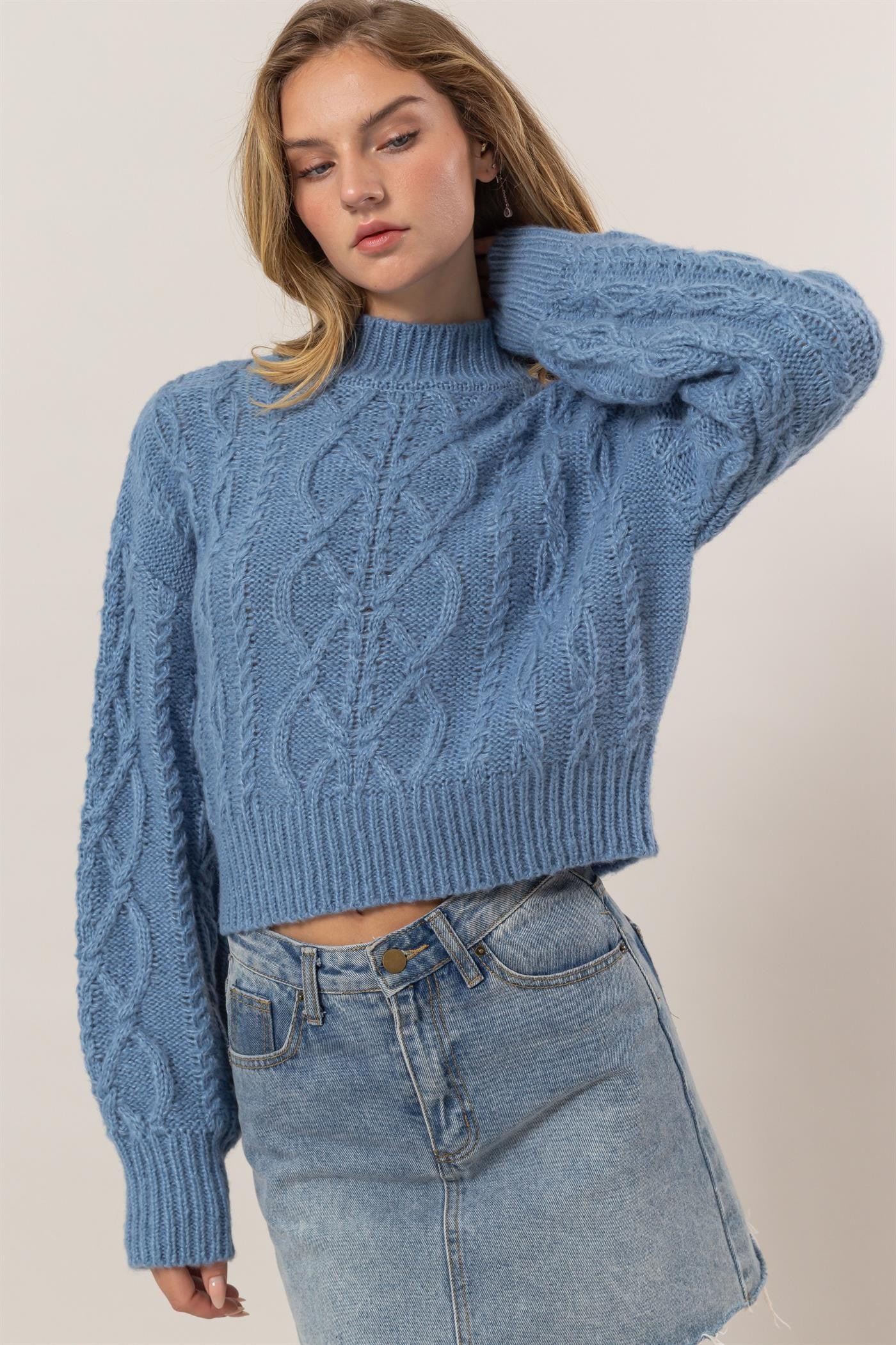 Gray Blue Cable Knit Mock Neck Sweater