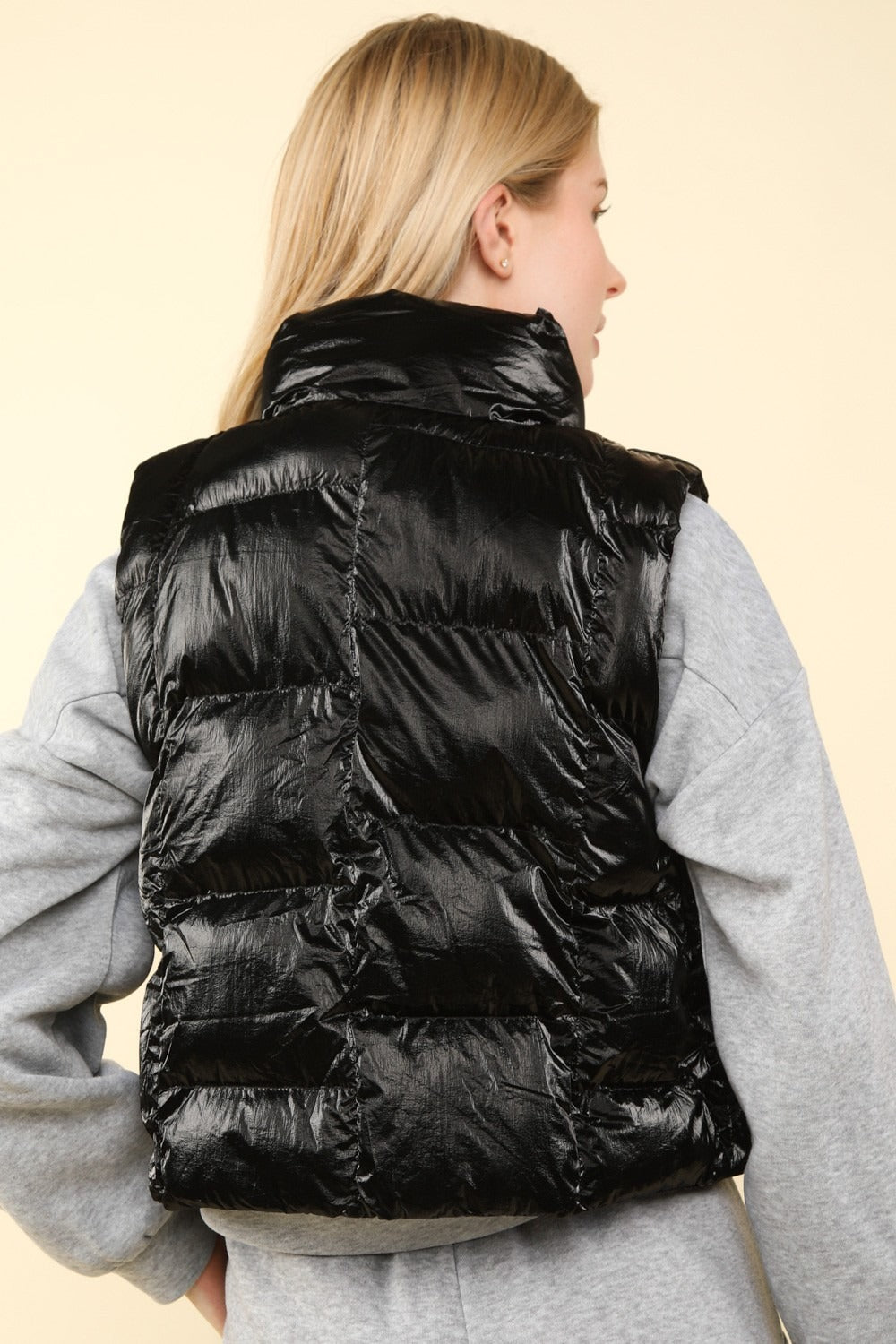 Black Shiny Metallic Zip Up Puffer Vest