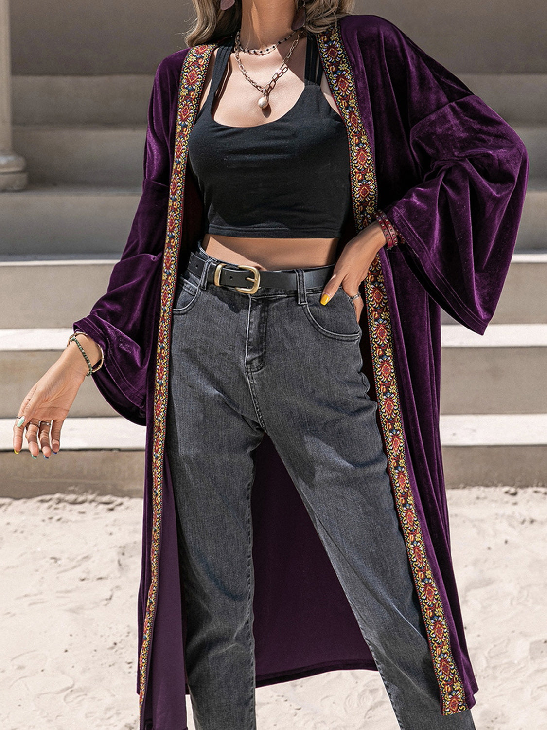 Embroidered Velvet Duster Cardigan in Plum