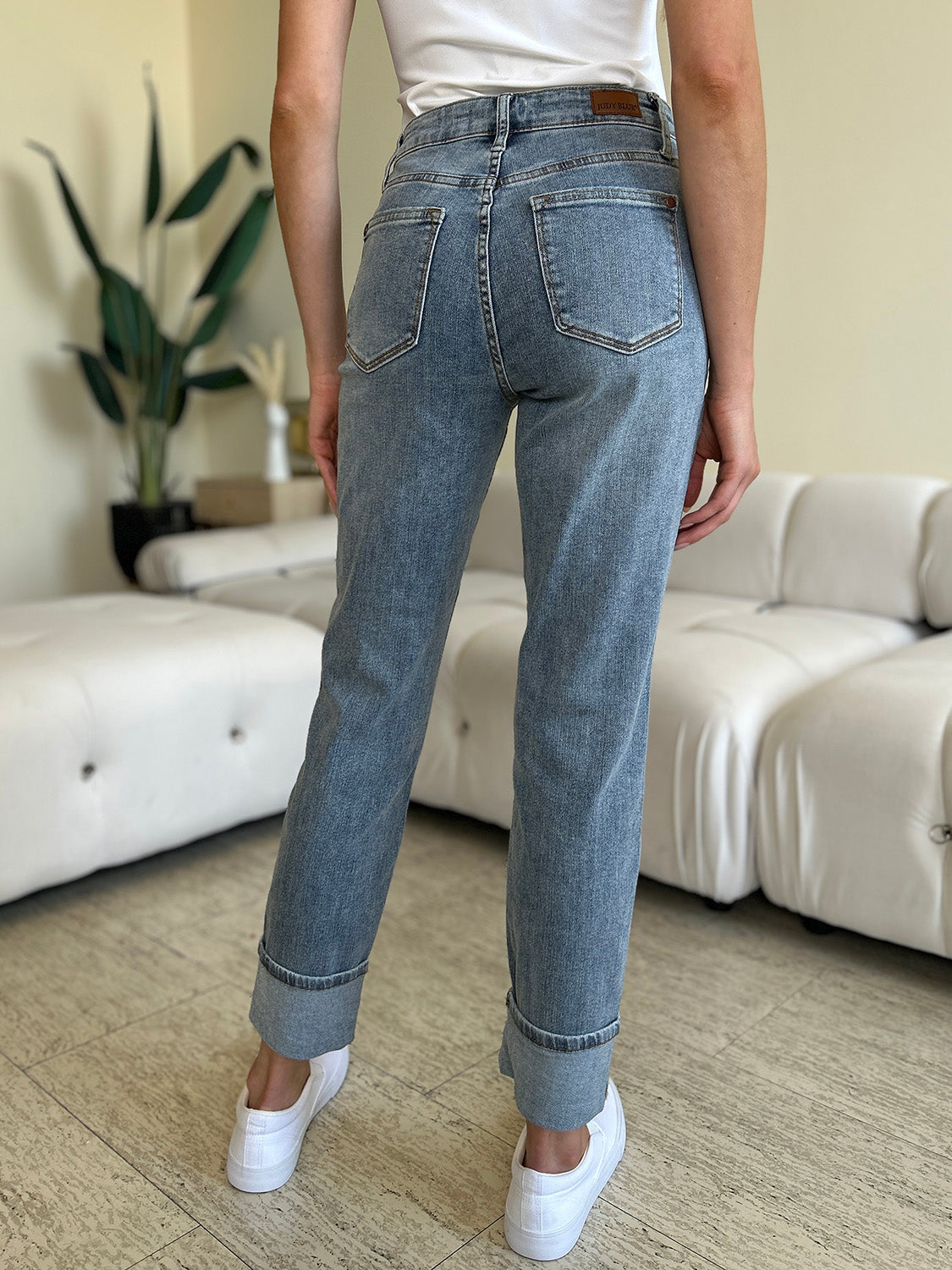 Medium Wash High Waist Cuff Hem Skinny Jeans