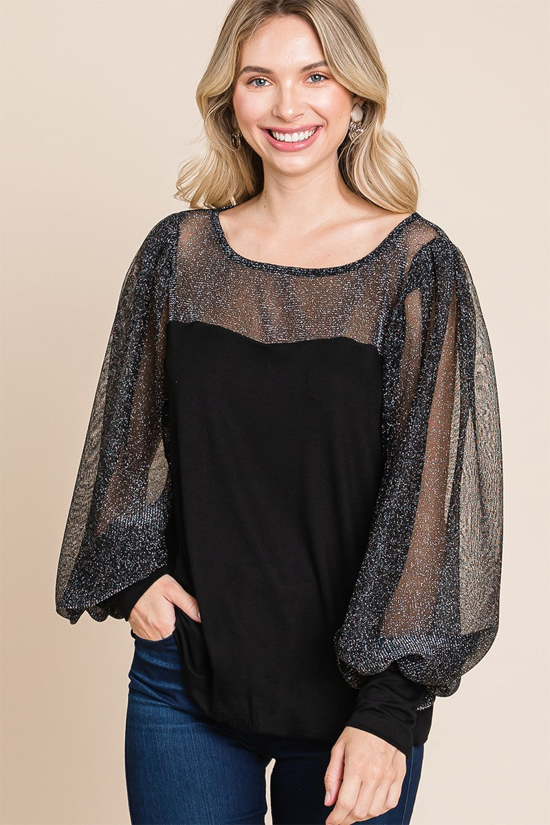 Black Metallic Sheer Lantern Sleeve Blouse