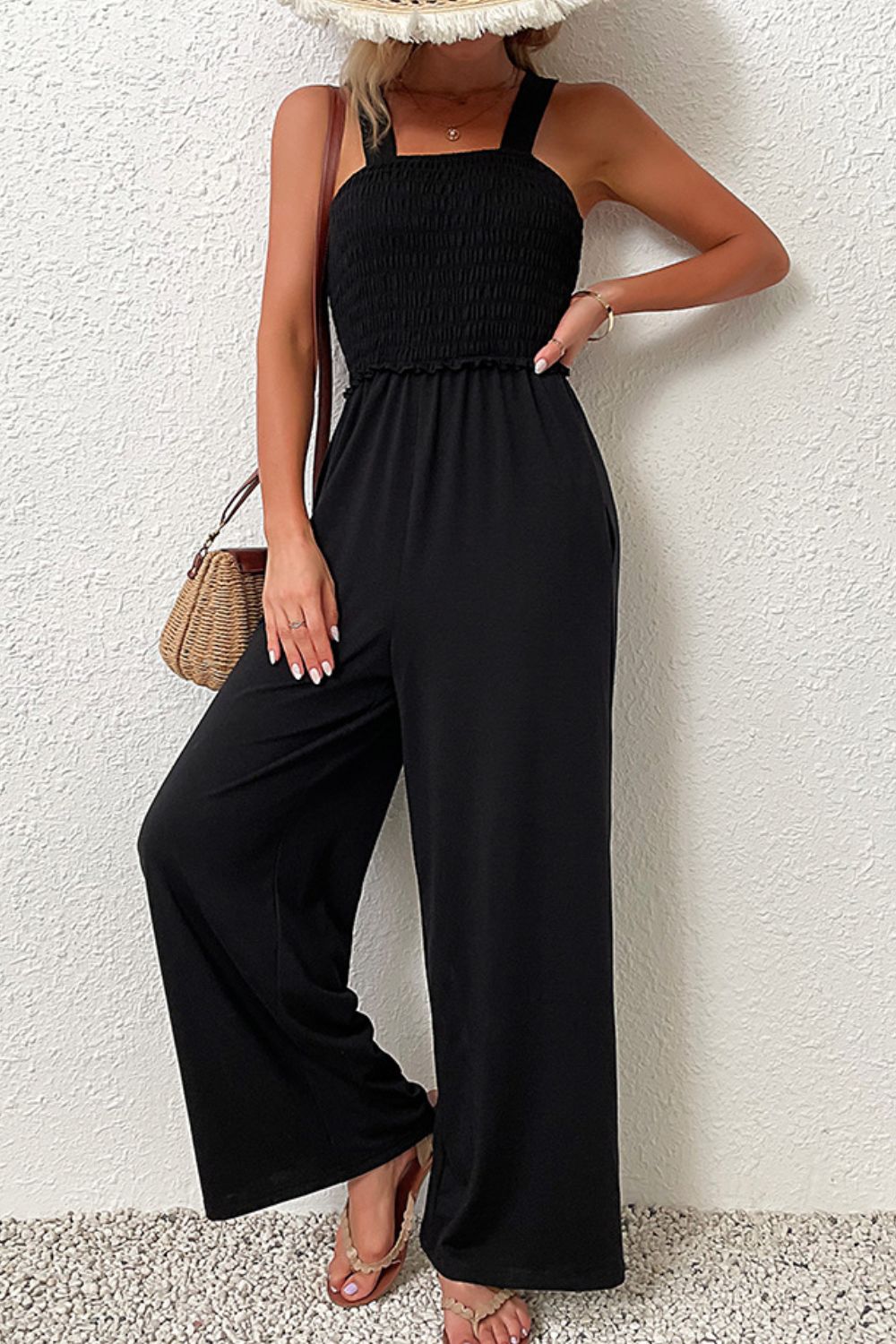 Black Smocked Sleeveless Wide Leg Jumpsuit with Pockets