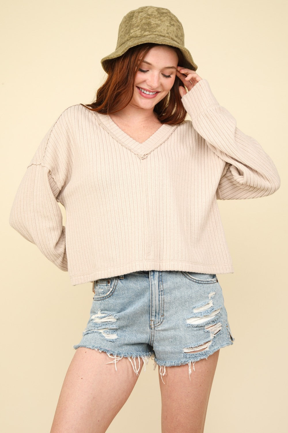 Exposed Seams V-Neck Rib Knit Top in Ecru