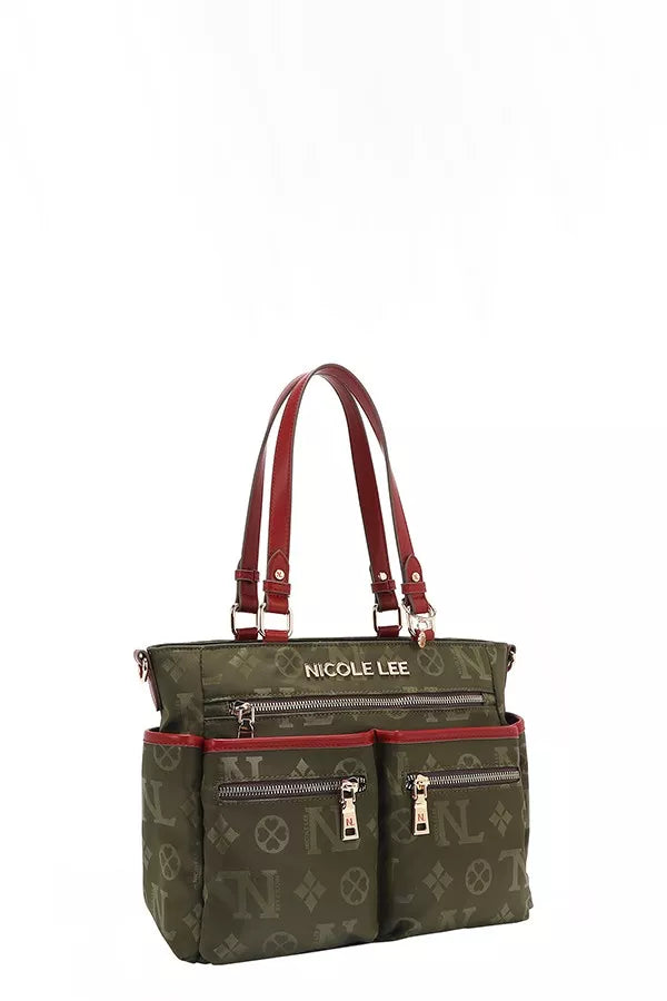 Green handbag with red accents and 'Nicole Lee' branding on a white background