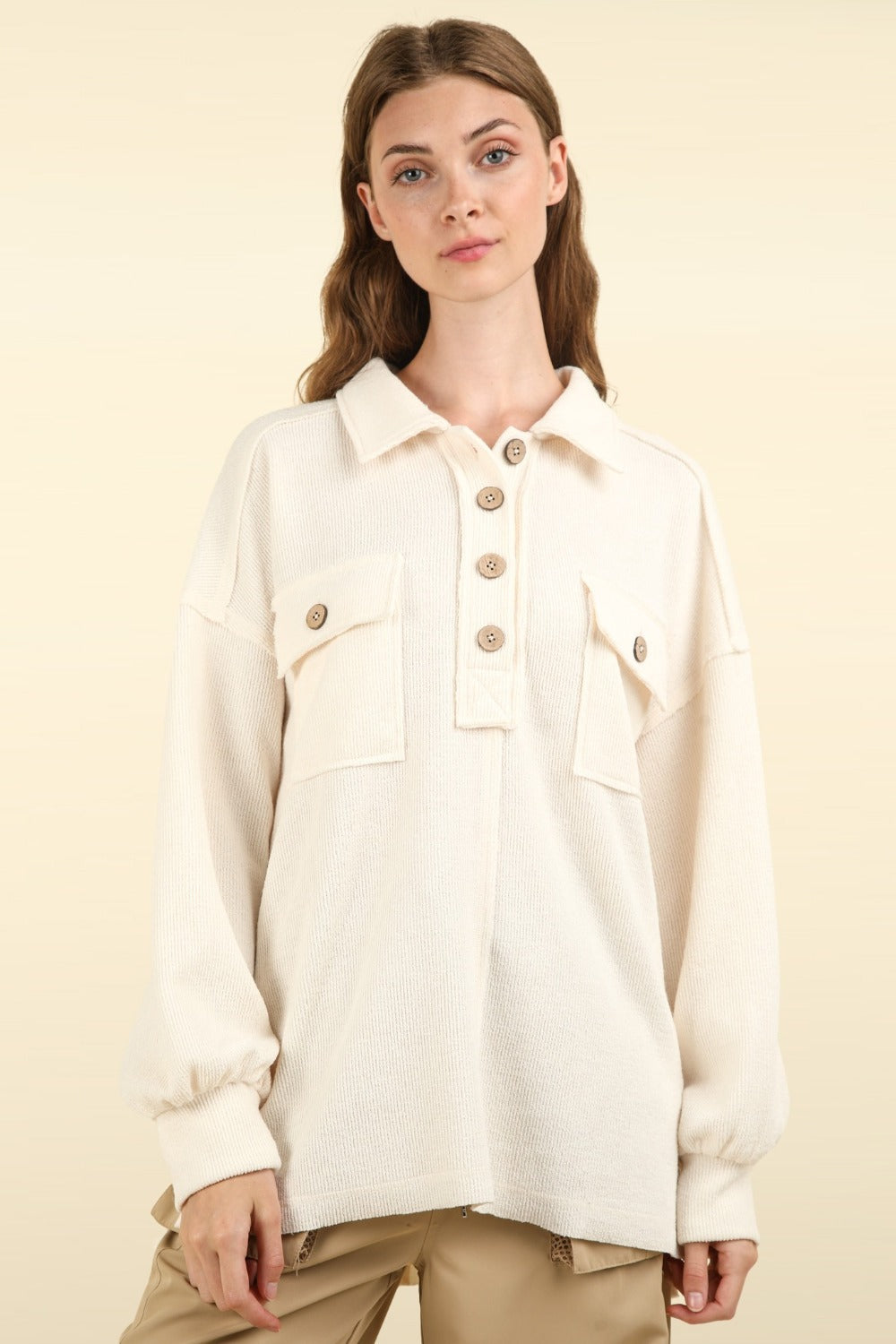 Collared Half Button Knit Top in Cream