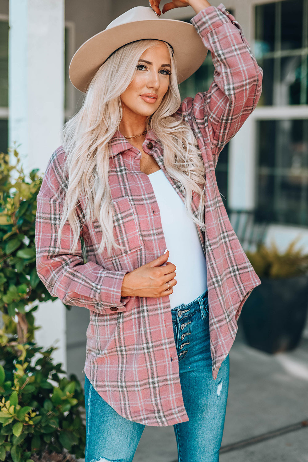 Plaid Curved Hem Longline Shacket