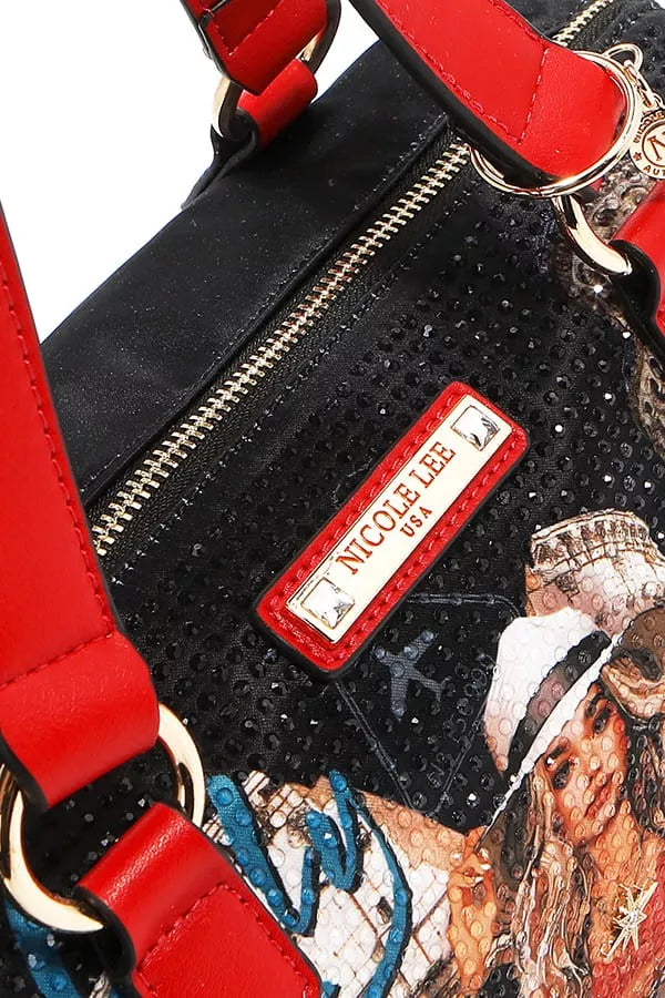 Black handbag with red straps and a visible brand label on a white background