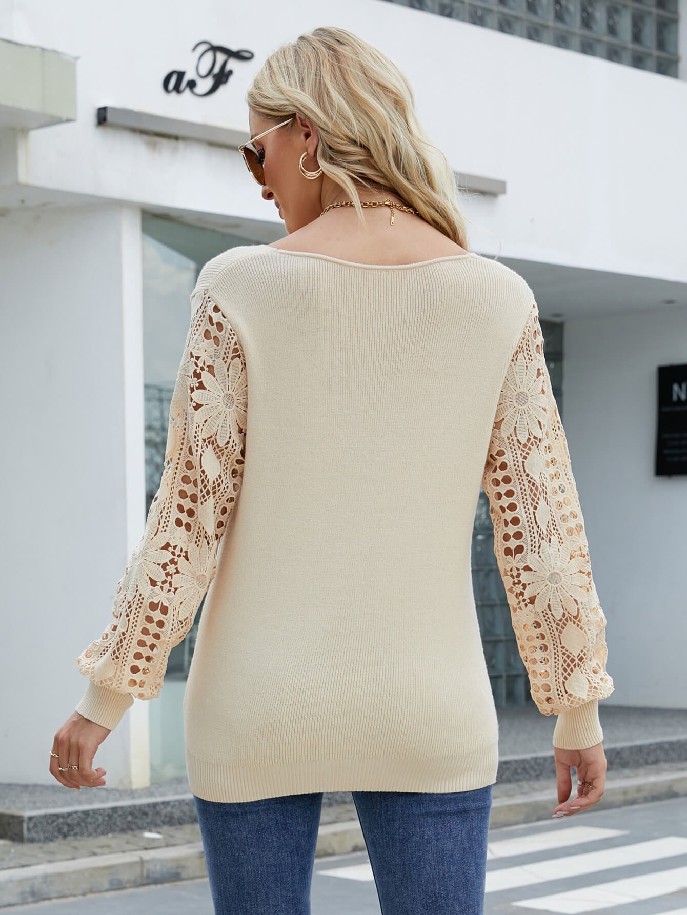 Lace Sleeve Rib Knit Trim V-Neck Sweater