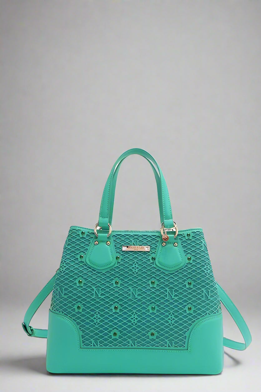 Green handbag with a textured pattern on a white background