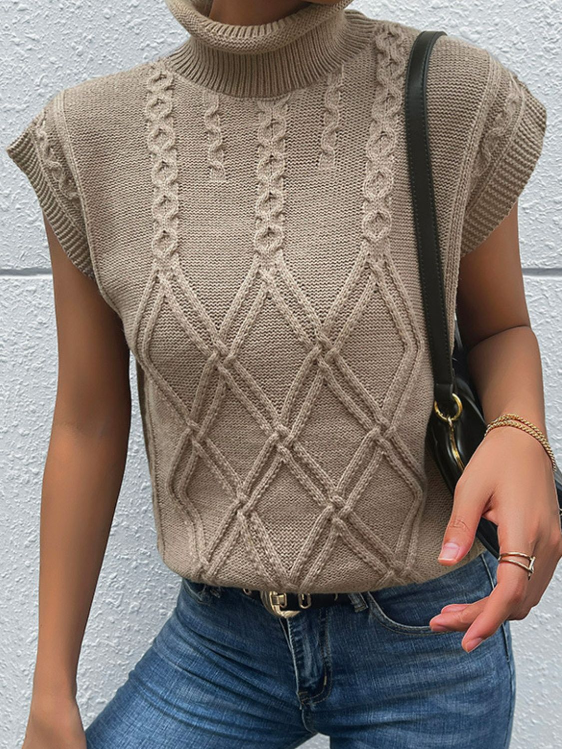 Brown Mixed Knit Turtleneck Sweater Vest