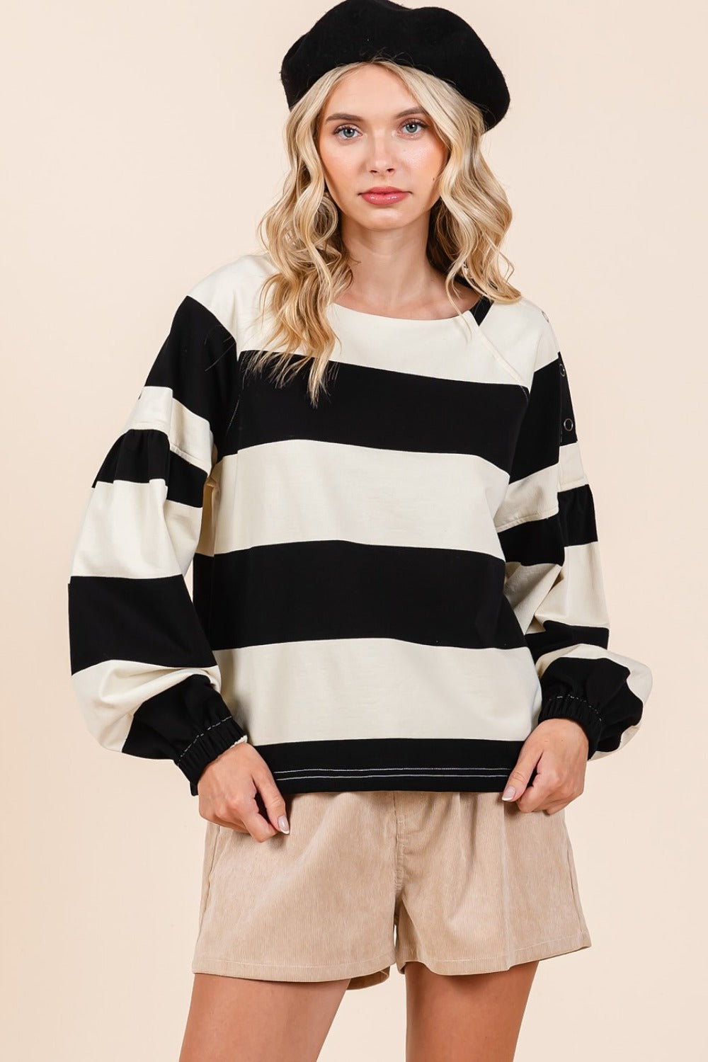 Black Ivory Striped Snap Shoulder Long Sleeve T-Shirt