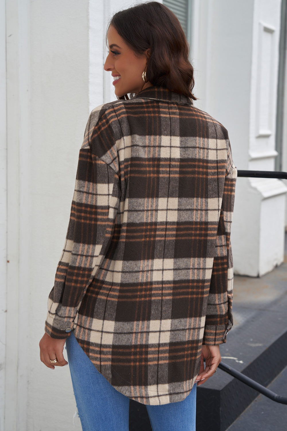 Plaid Curved Hem Longline Shacket