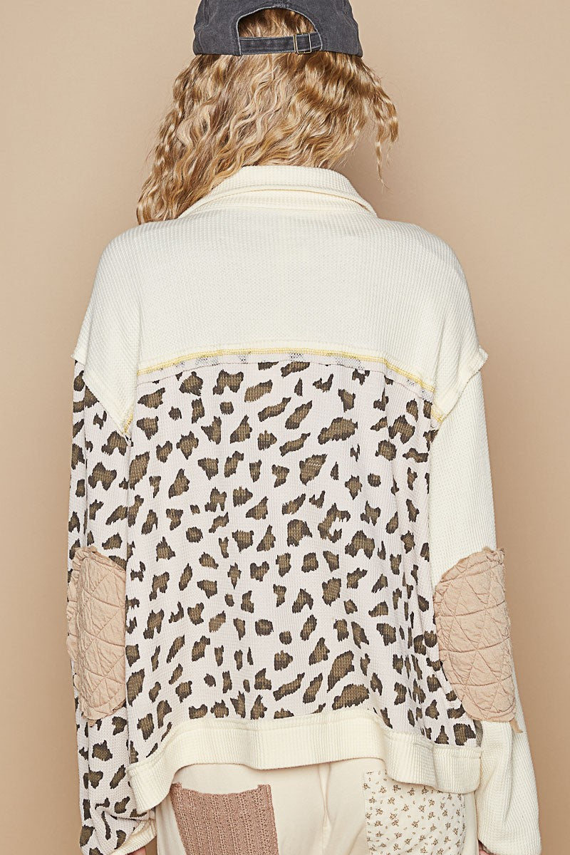 Leopard Print Button Up Quilted Jacket in Cream