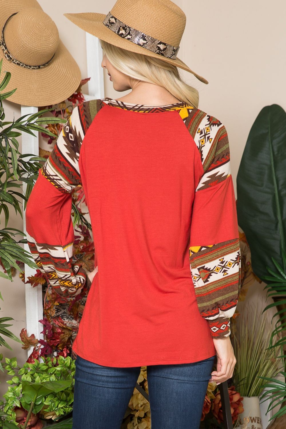 Red Aztec Pattern Long Sleeve Top