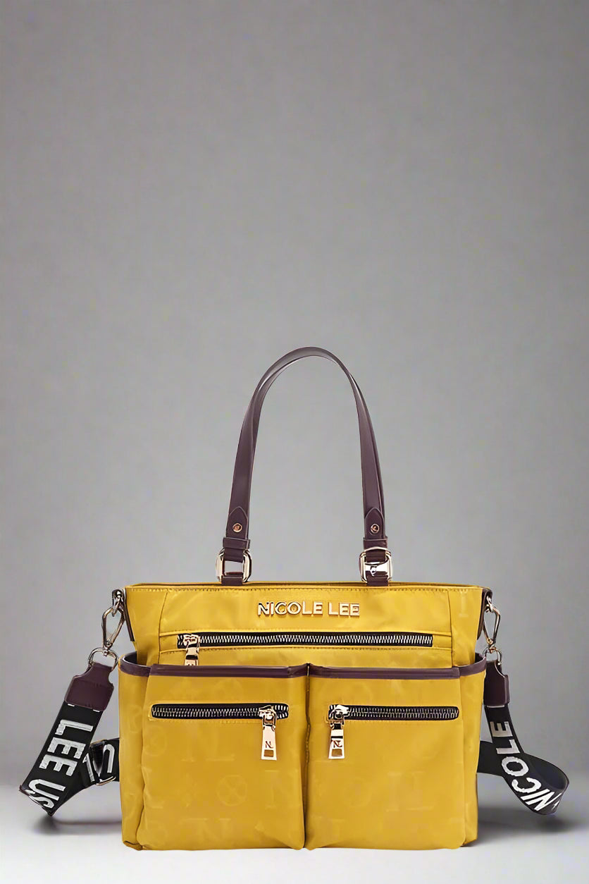 Yellow handbag with brown accents and a strap on a white background