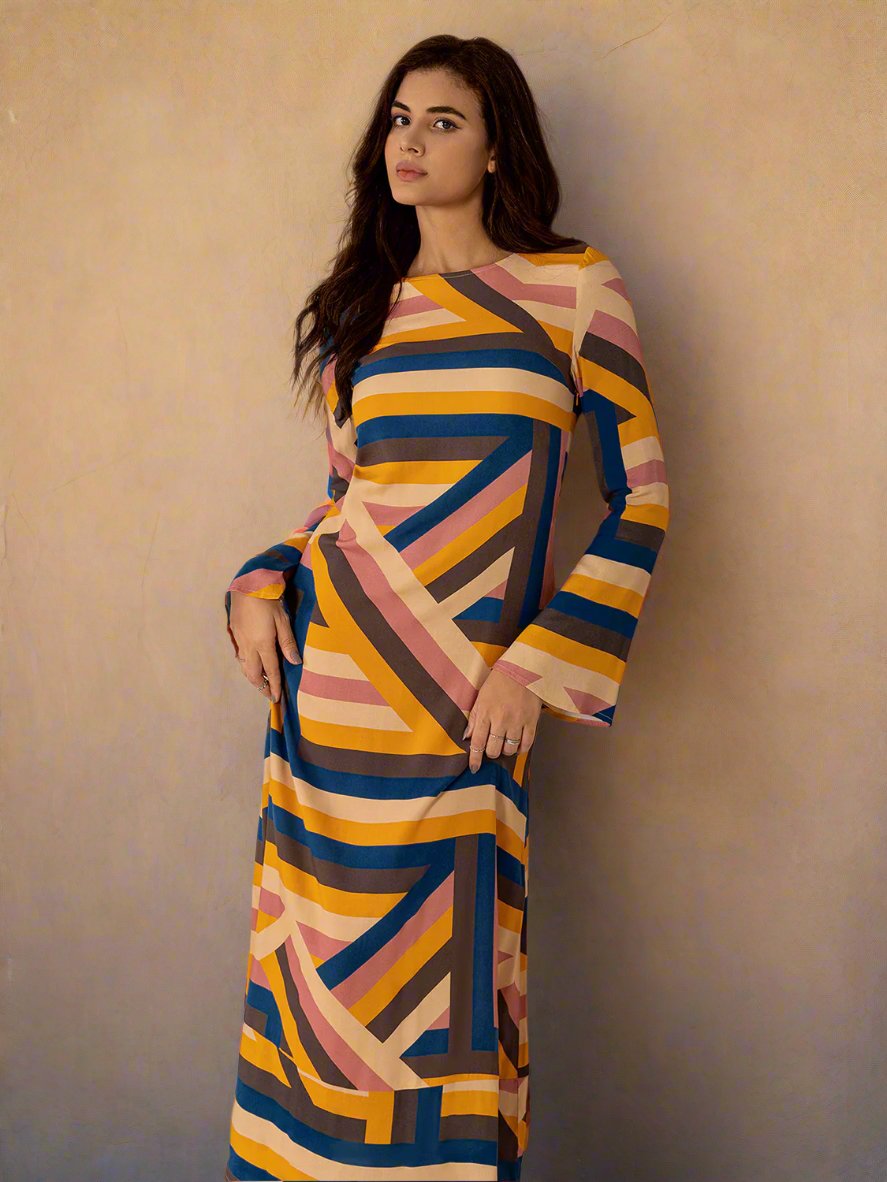 Multicolor Geometric Flare Sleeve Midi Dress