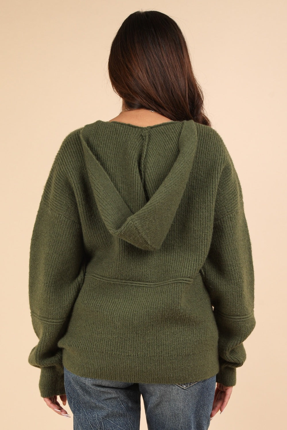 Seam Detail Drop Shoulder Hooded Sweater in Olive