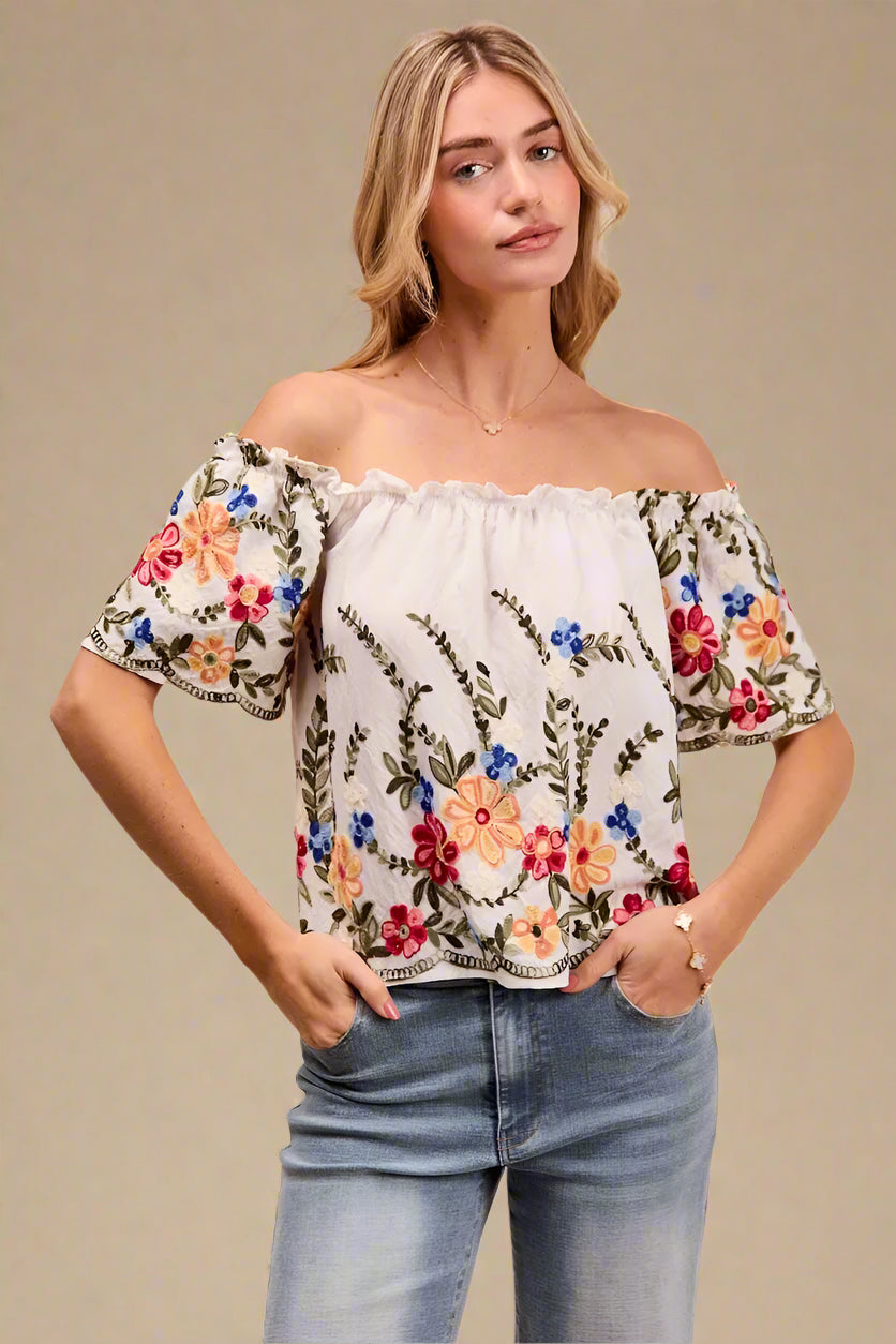 Woman wearing a floral embroidered top and jeans on a beige background