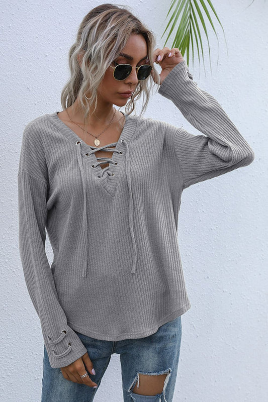 Lace-Up V-Neck Rib Knit Top