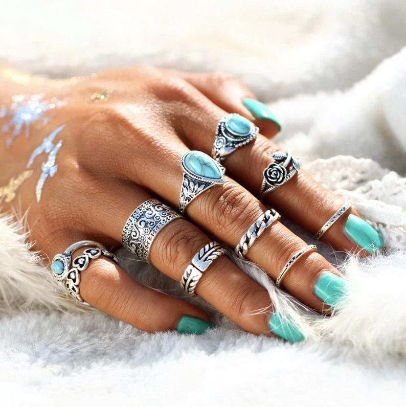 Silver Turquoise 10-Piece Ring Set