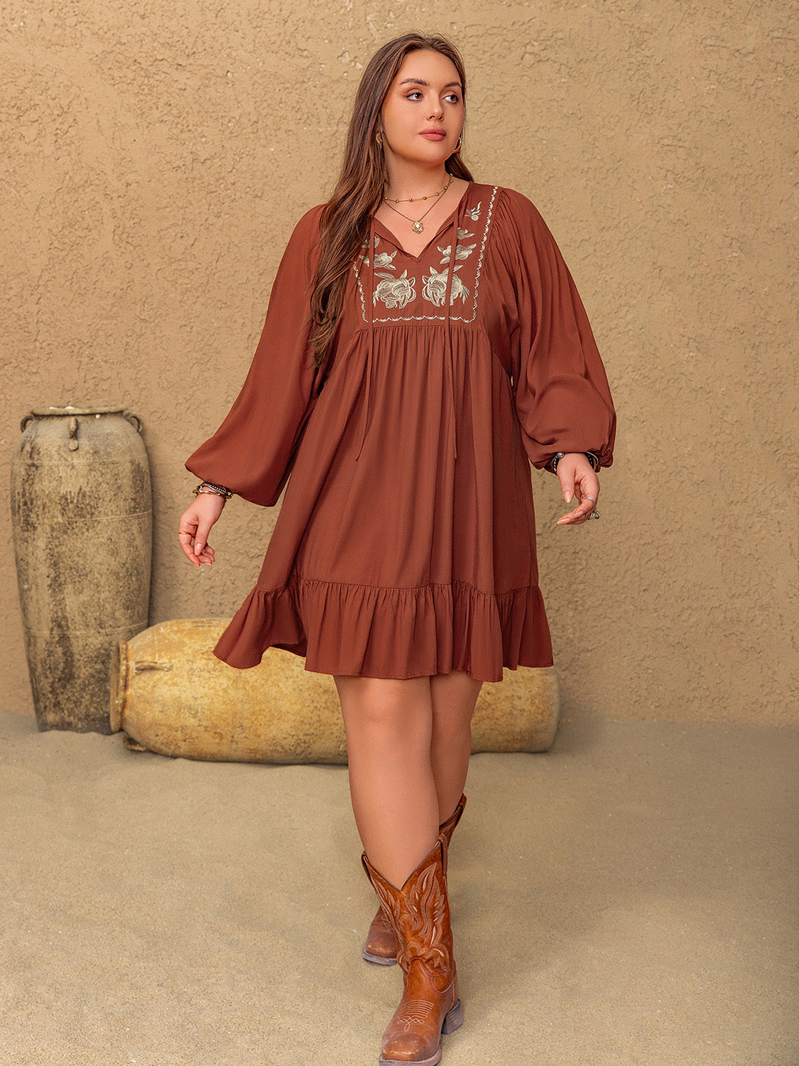 Plus Size Embroidered Babydoll Mini Dress in Terracotta