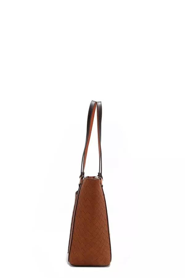 Brown handbag with black handle on a white background