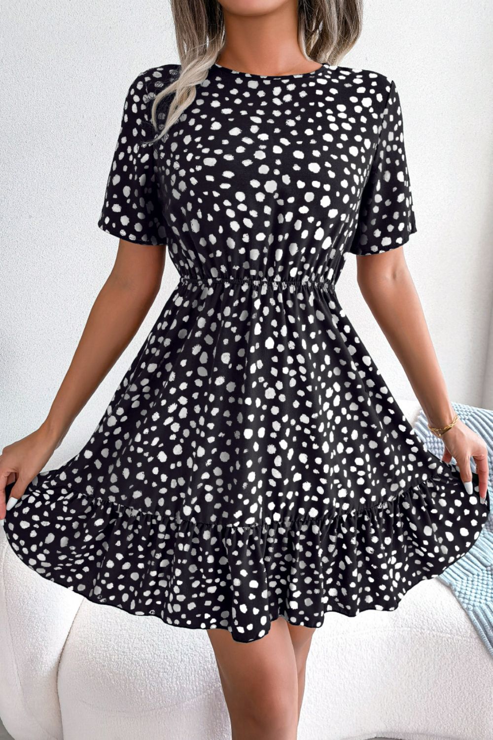 Printed Short Sleeve Ruffle Hem Mini Dress