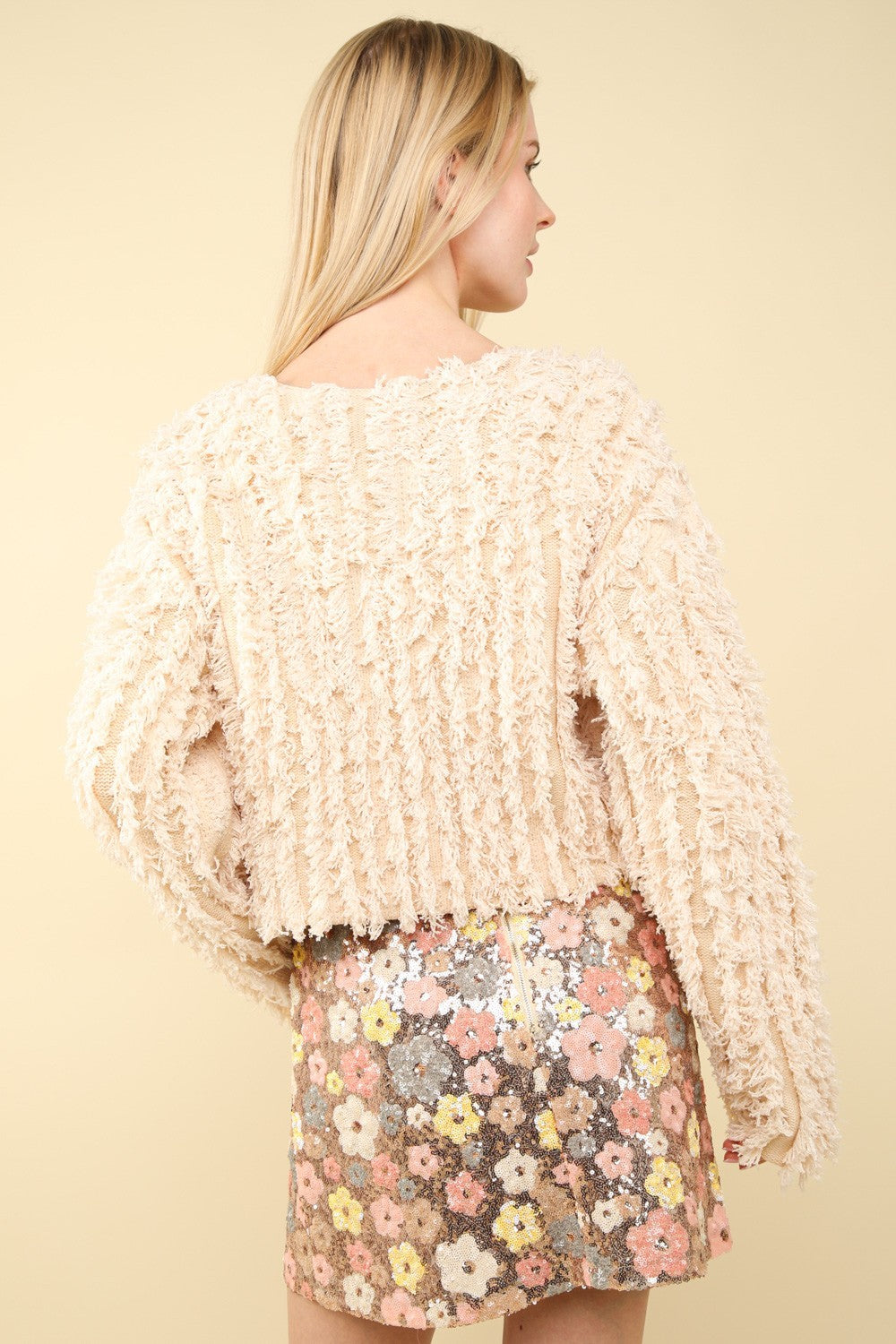 Shaggy Yarn Knit Zip Up Jacket in Cream