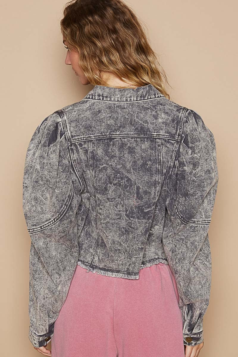 Raw Hem Puff Sleeve Cropped Denim Jacket in Charcoal