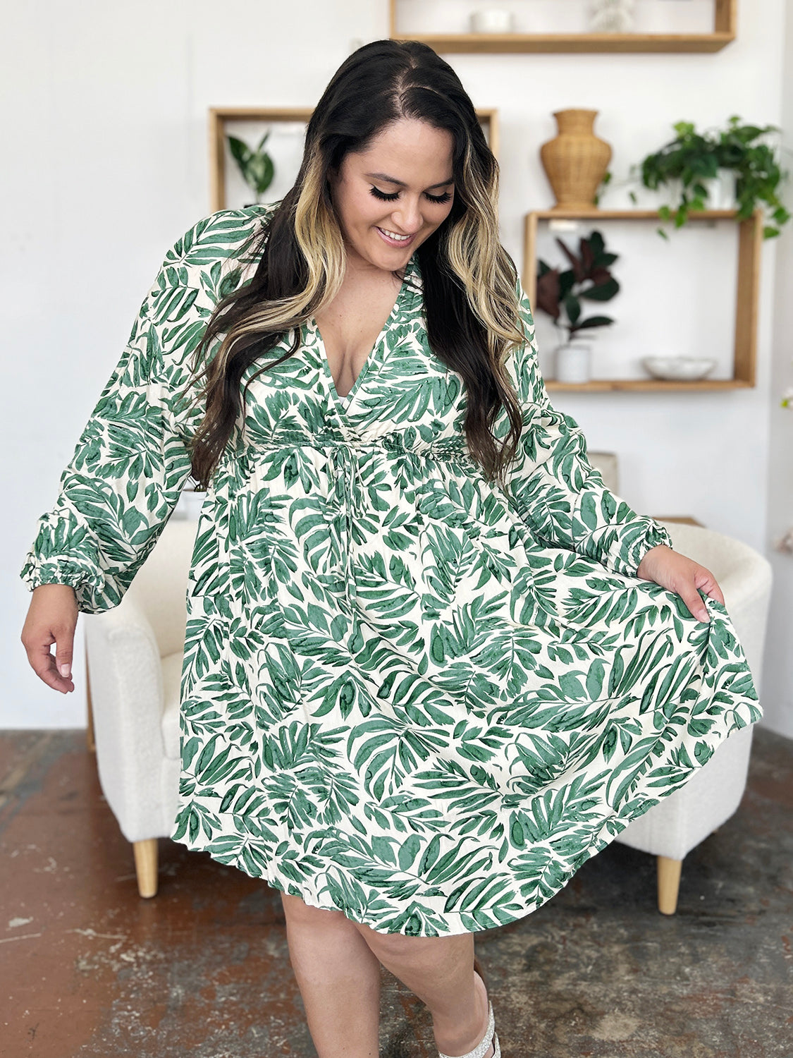 Printed Empire Waist Balloon Sleeve Mini Dress in Light Green