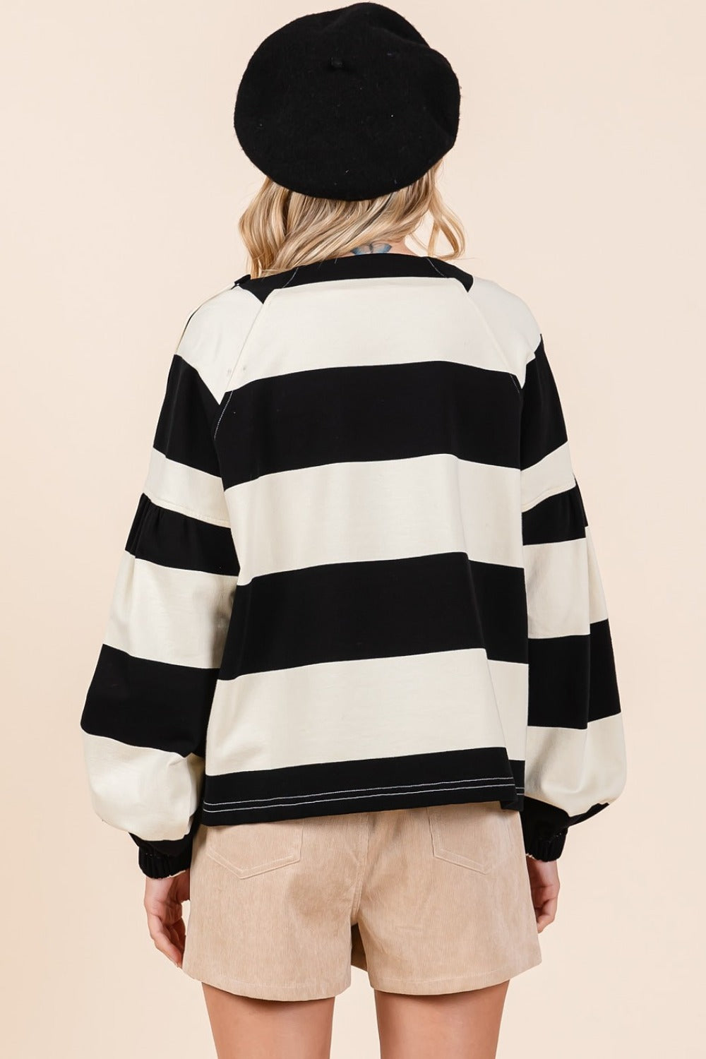 Black Ivory Striped Snap Shoulder Long Sleeve T-Shirt