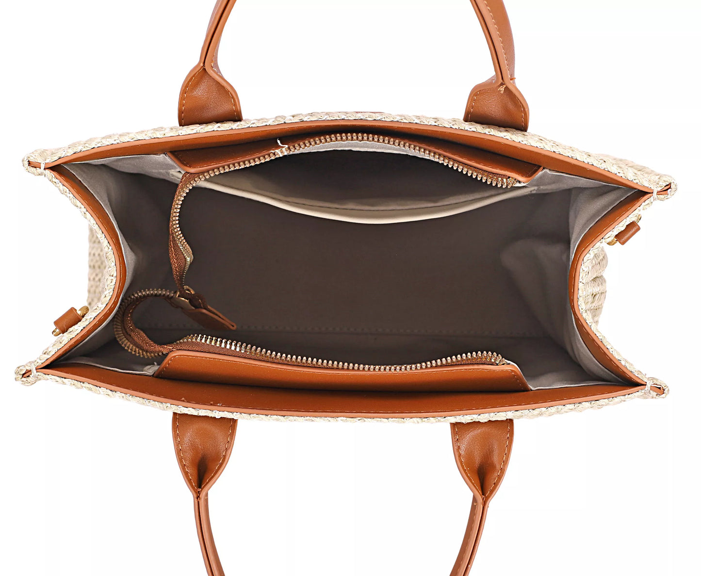 Brown handbag with visible interior on a white background