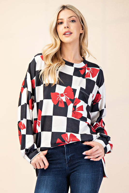 Checkered Bow Print Long Sleeve T-Shirt in Black Ivory