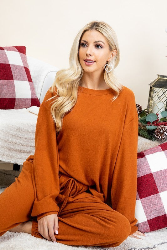 Hacci Knit Long Sleeve Top and Pants Lounge Set in Rust