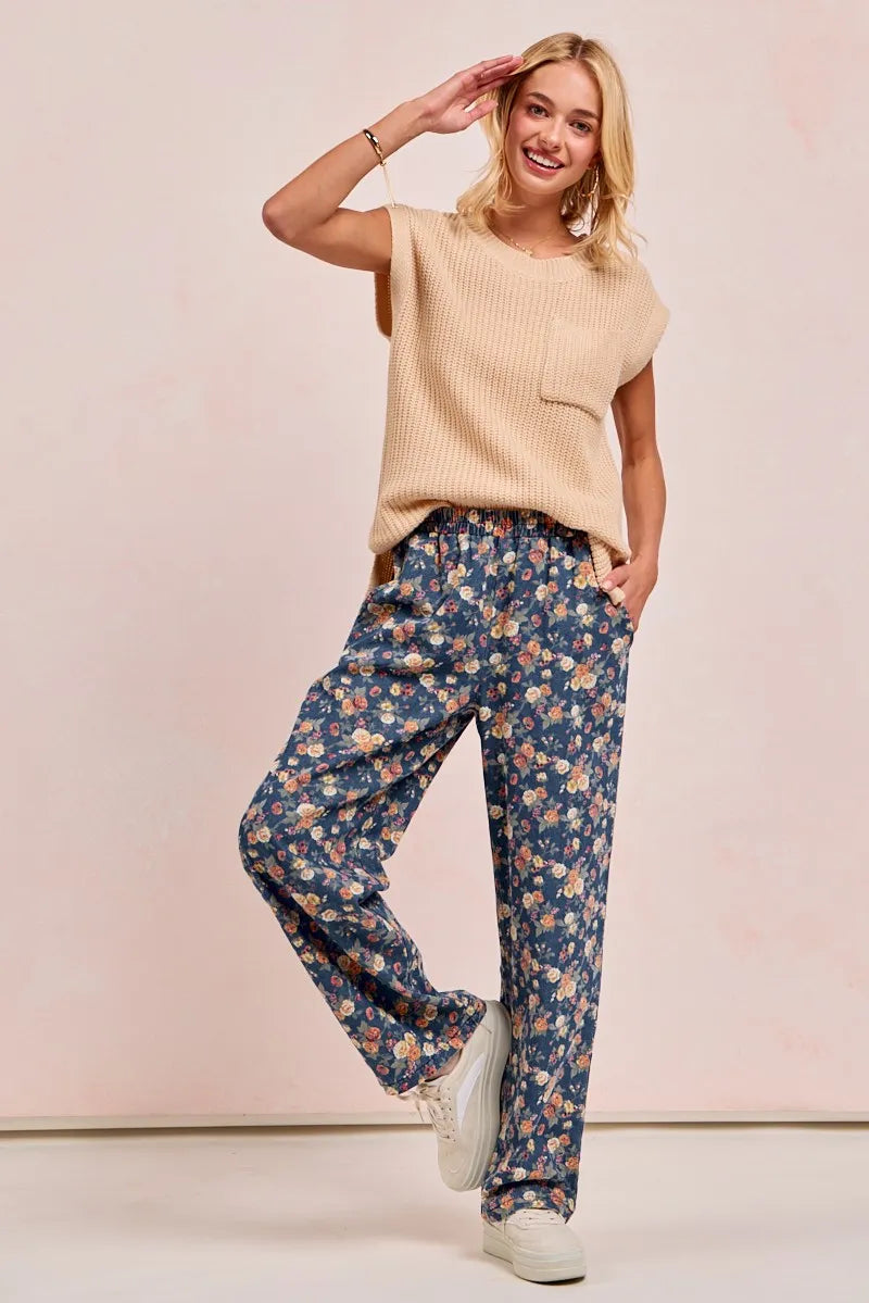 Denim Floral Wide Leg Jeans