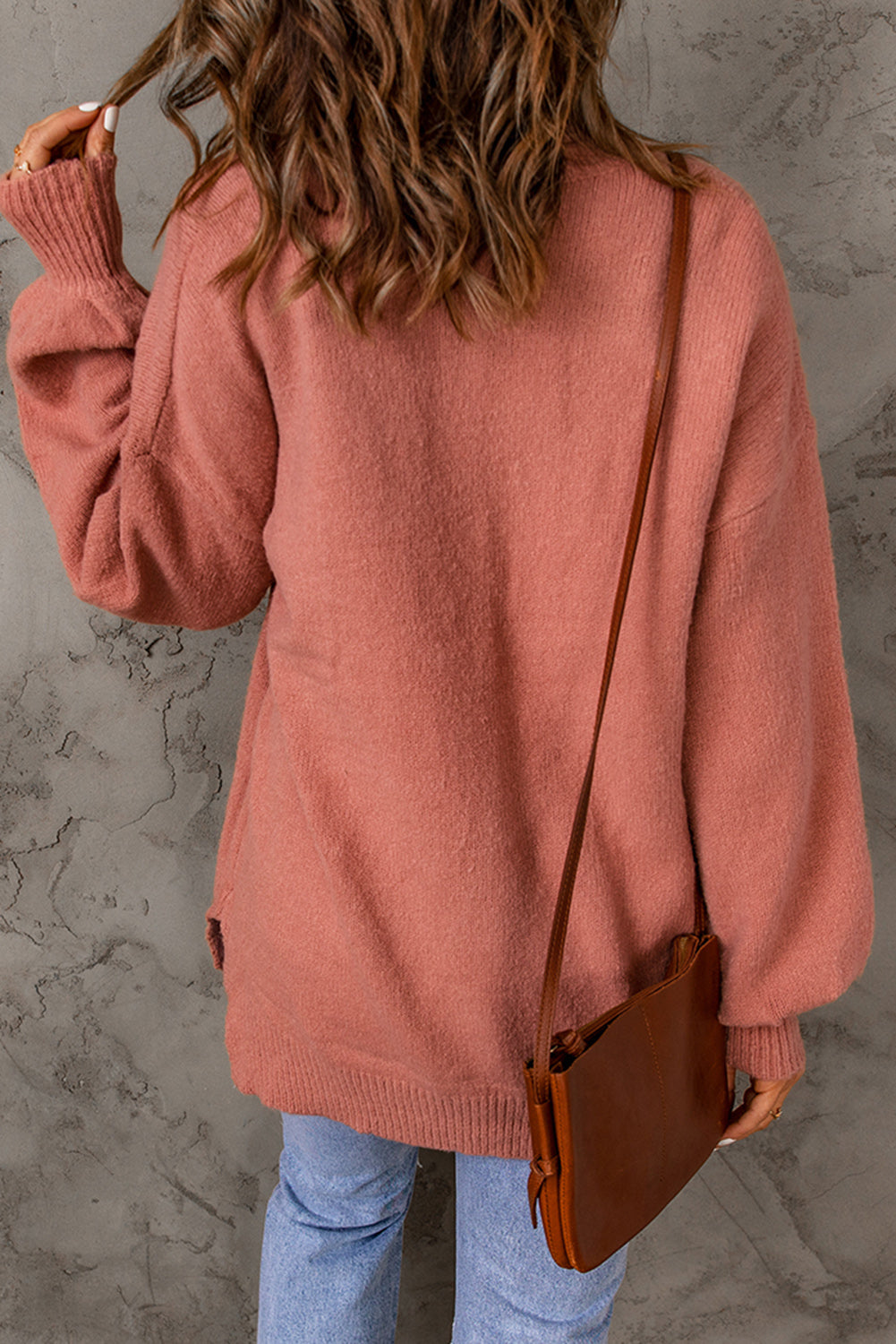 Rib Knit Trim Lantern Sleeve Sweater in Salmon