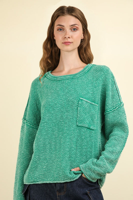 Mineral Washed Exposed Seams Sweater in Kelly Green