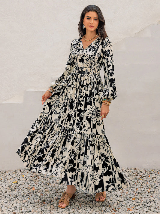 Black & White Floral Print Tie Neck Long Sleeve Maxi Dress