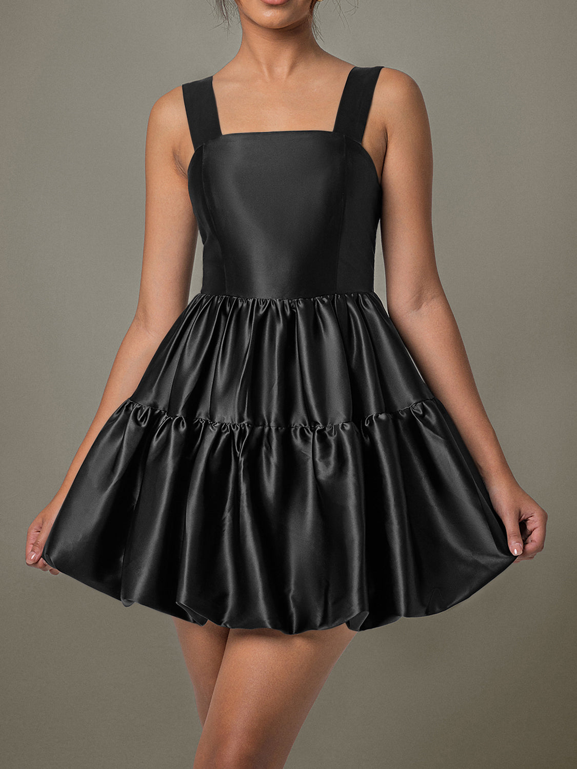 Black Sleeveless Satin Bubble Mini Dress