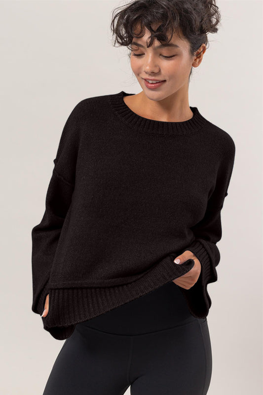 Black Dropped Shoulder Rib Knit Sweater