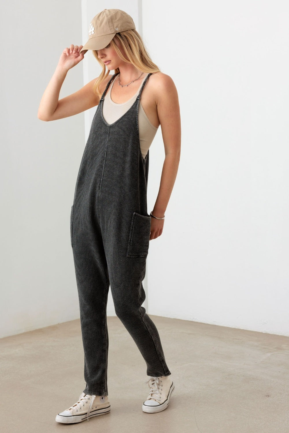 Waffle Knit Sleeveless Jumpsuit with Pockets in Charcoal