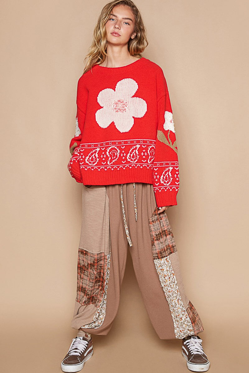 Red Lace Flower Patch Long Sleeve Sweater