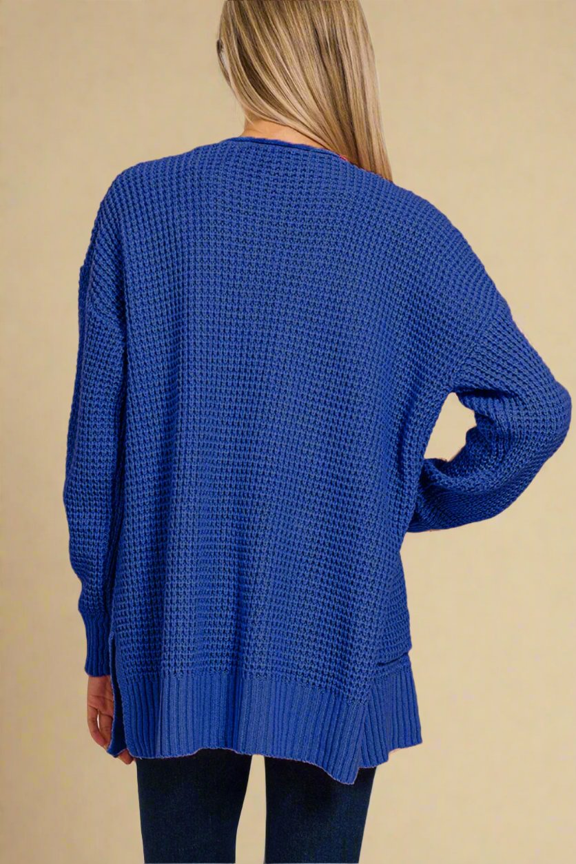 Waffle Knit Open Front Cardigan in Light Navy